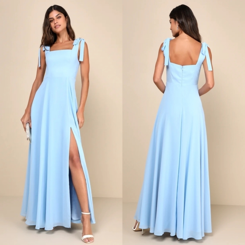 Lulus Love Me Forever Light Blue Tie-Strap Square Neck Maxi Dress S Wedding NWT - Picture 1 of 9